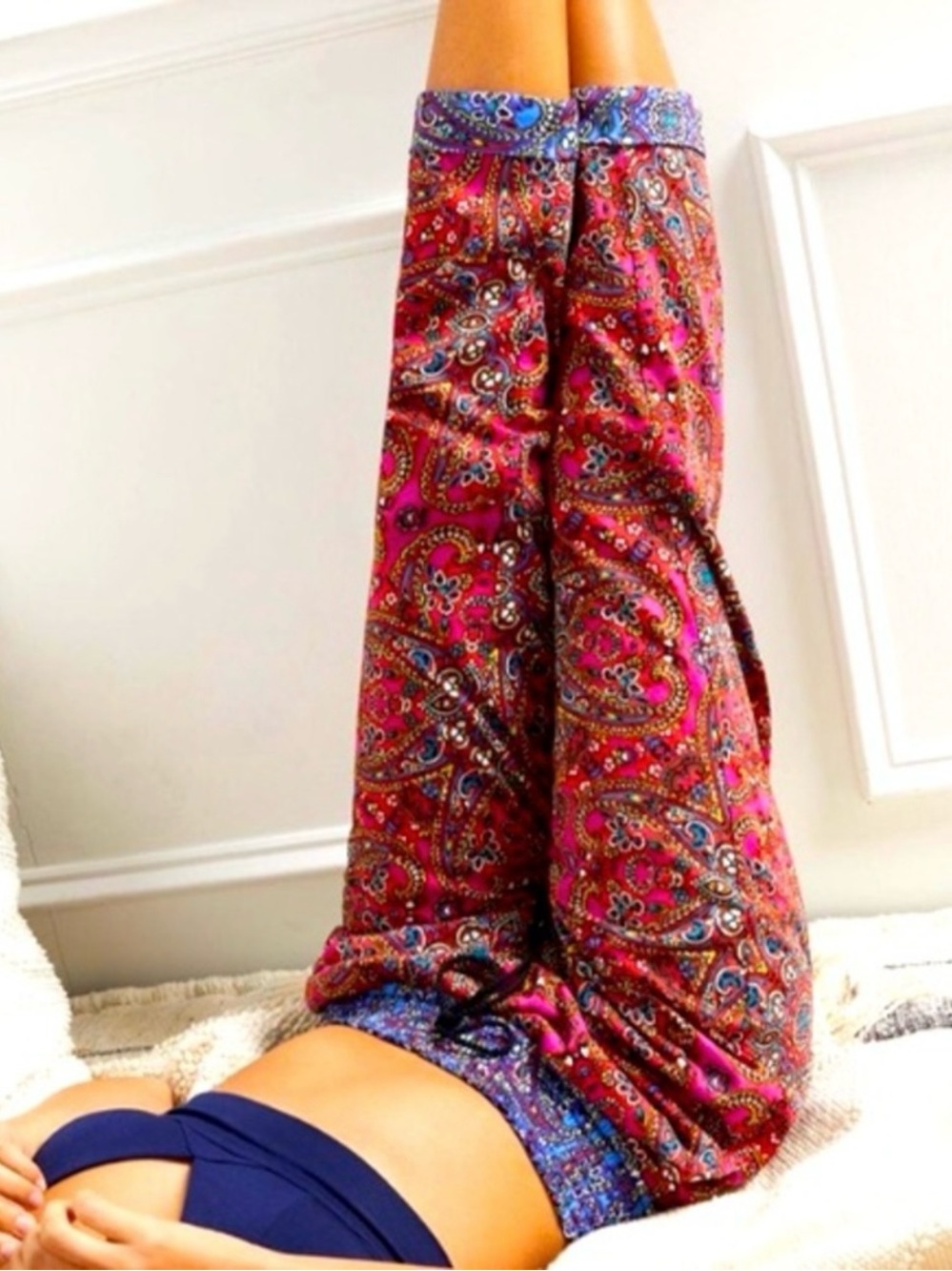 Anthropologie Carolyn Pajama Red Blue Paisley Boho Jogger Pants Tassles